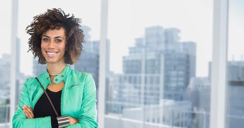 Digital composition of female executive standing with arms crossed in office Anxiety & Depression Relief