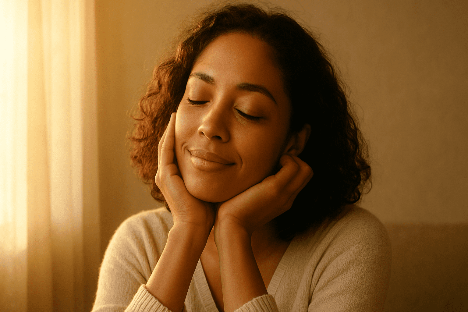 A woman resting her head on her hands near sunlight, symbolizing renewal through inner peace and love.